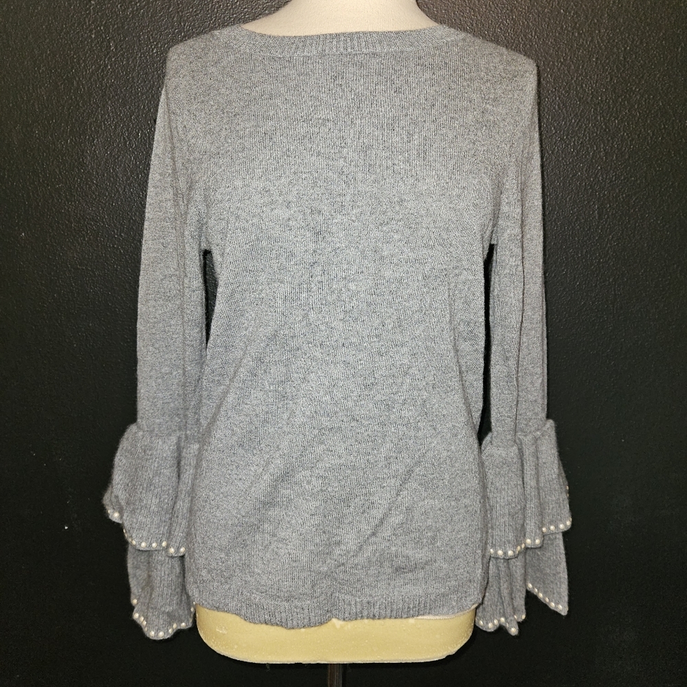 InCashmere Light Gray Pearl-Trim Ruffle Sleeve Cashmere Sweater